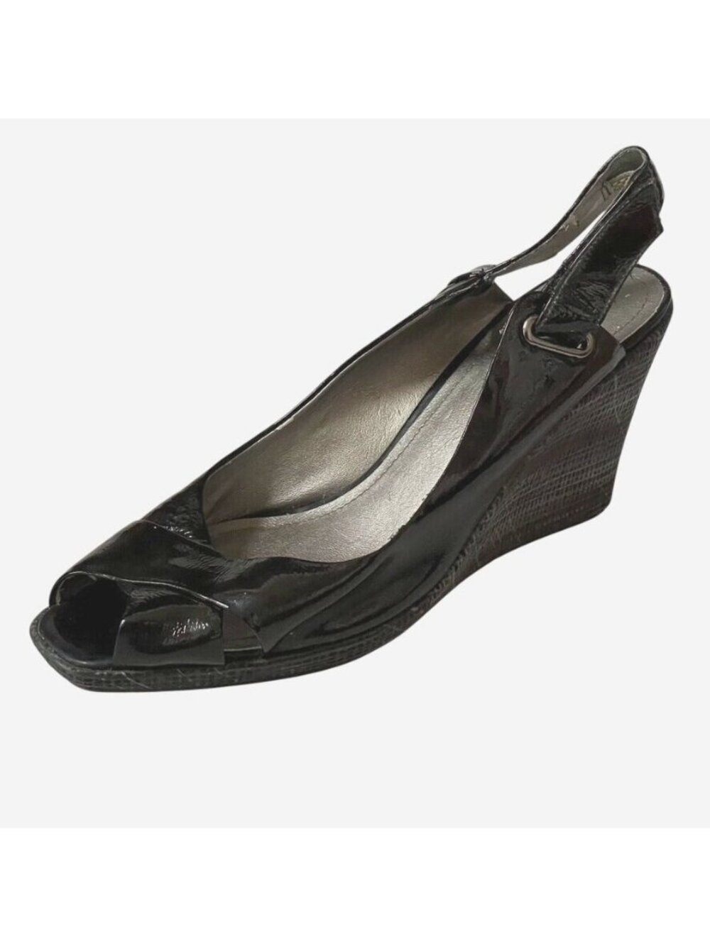 Kenneth Cole Reaction Black Patent Leather Peep Toe Slingback Wedge Heels Womens - Picture 8 of 13